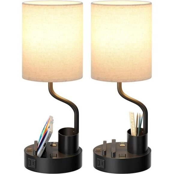 Set of 2 bedside table lamps with USB C AC outlets phone stand pen holder lighti - Picture 1 of 7